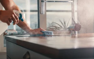 A cleaner wiping a kitchen counter in a bright coastal home with holiday décor.