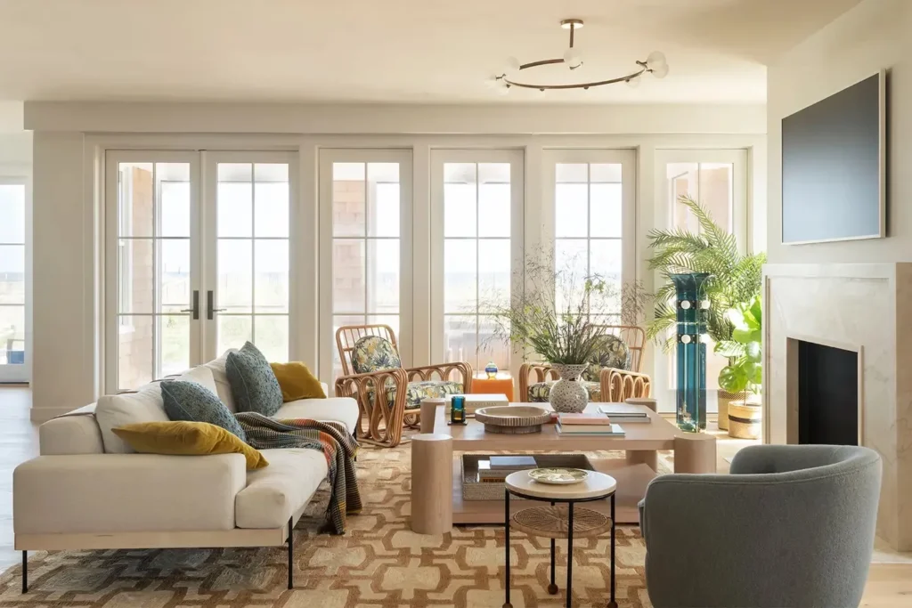 A bright coastal living room in Santa Rosa Beach with natural light, neutral tones, and a relaxed winter atmosphere.