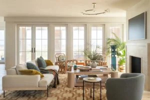 A bright coastal living room in Santa Rosa Beach with natural light, neutral tones, and a relaxed winter atmosphere.