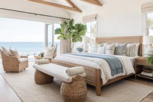 A coastal bedroom with the sea on the back.