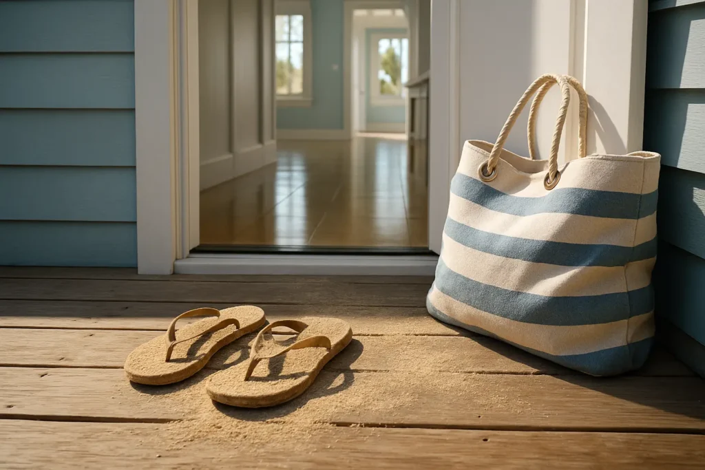 Deep cleaning hardwood floors in Emerald Coast beach house removing sand and debris