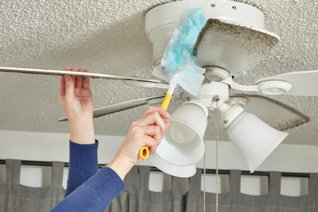professional cleaner dusting ceiling fan and shelves in beachfront home