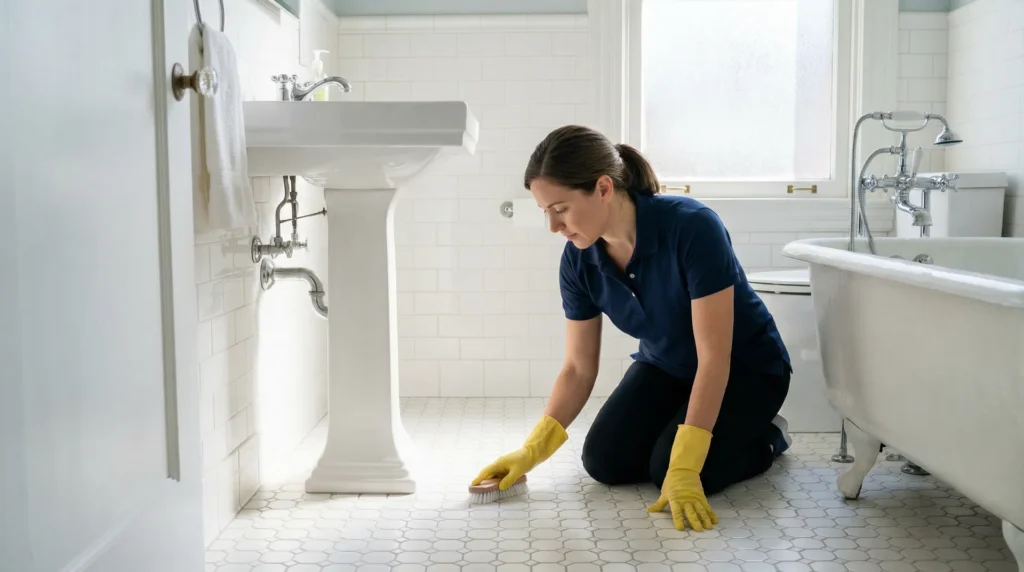 professional cleaner deep cleaning bathroom in Santa Rosa Beach home