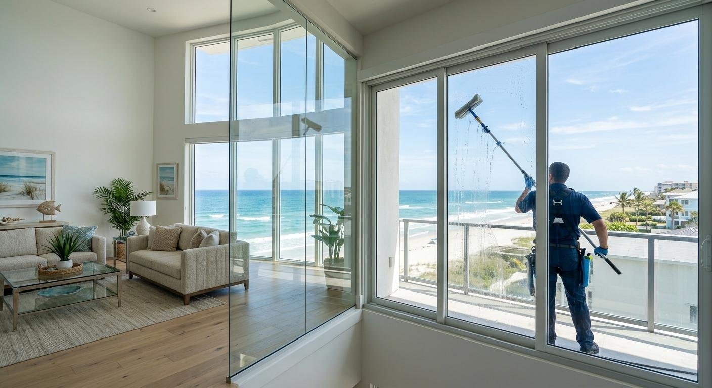 professional cleaner cleaning sliding glass doors in a luxury 30A vacation rental